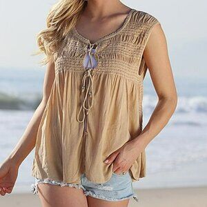 Ananda Design Beige Smocked Lace-Up Sleeveless Tunic